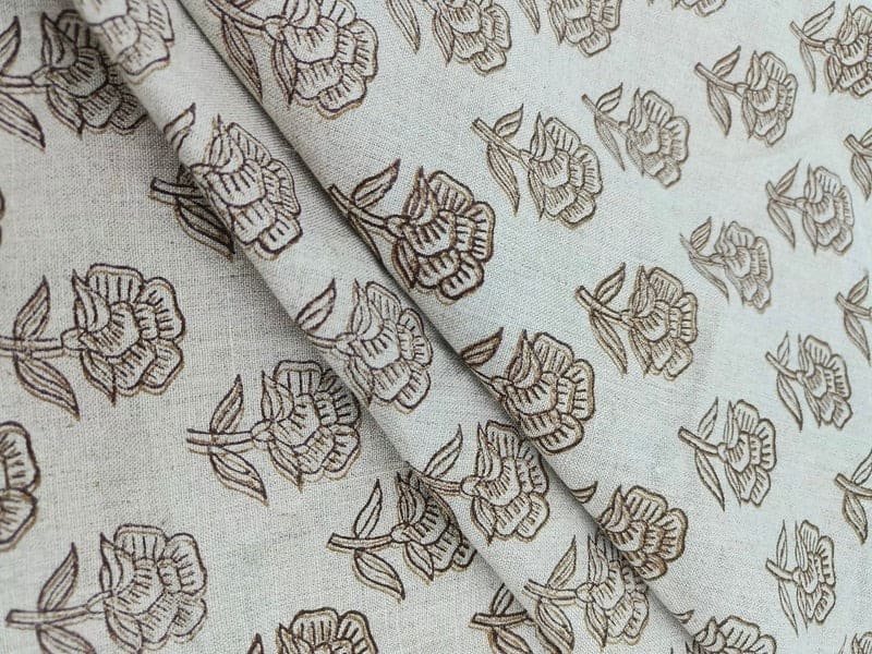 Handstamped Hand Block Print Green Pure Linen Fabric - Rohini