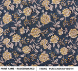 Pure Linen Yellow and Bluish Floral Hand Block Printed Elegant Soft Fabric - RAMESHWARAM