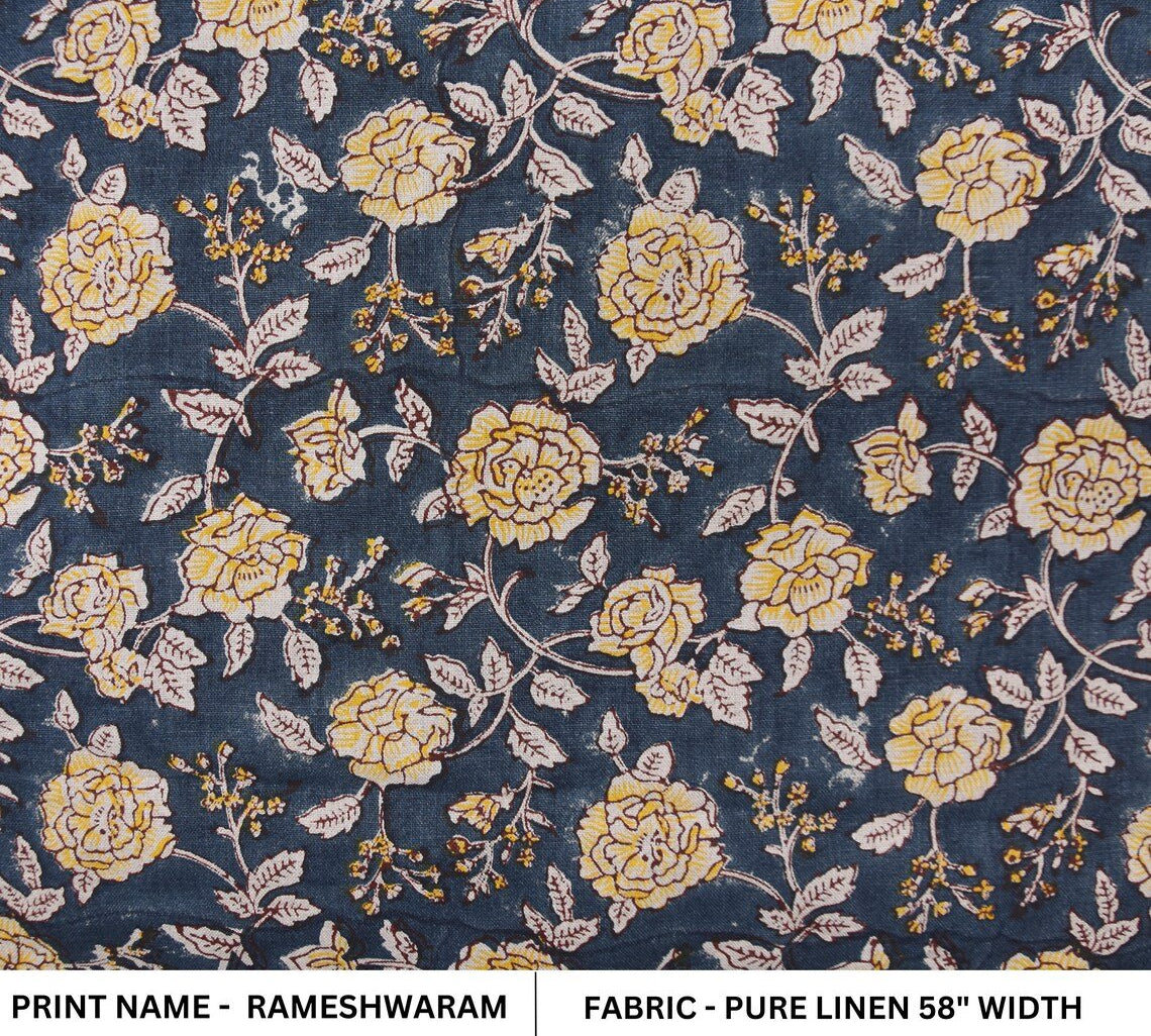 Pure Linen 58" Wide, Block print fabric, Window curtain, Pure Linen Fabric, printed curtains, Indian fabric, Linen Fabric - RAMESHWARAM