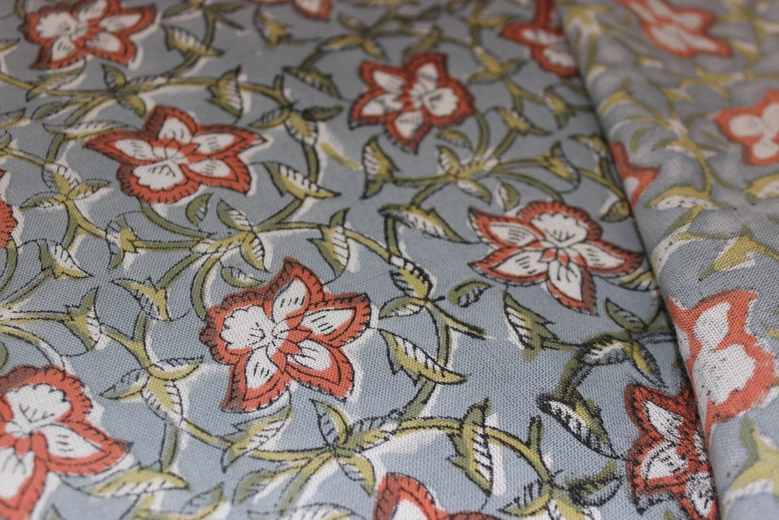 Hand Block Printed Boho Brown & Gray Floral Pure Linen Fabric for Cushions & Sofa Covers - Chudamani