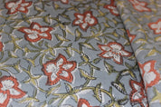 Hand Block Printed Boho Brown & Gray Floral Pure Linen Fabric for Cushions & Sofa Covers - Chudamani