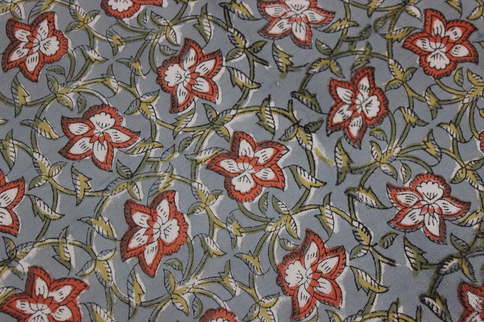 Hand Block Printed Boho Brown & Gray Floral Pure Linen Fabric for Cushions & Sofa Covers - Chudamani
