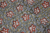 Hand Block Printed Boho Brown & Gray Floral Pure Linen Fabric for Cushions & Sofa Covers - Chudamani