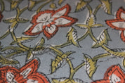 Hand Block Printed Boho Brown & Gray Floral Pure Linen Fabric for Cushions & Sofa Covers - Chudamani