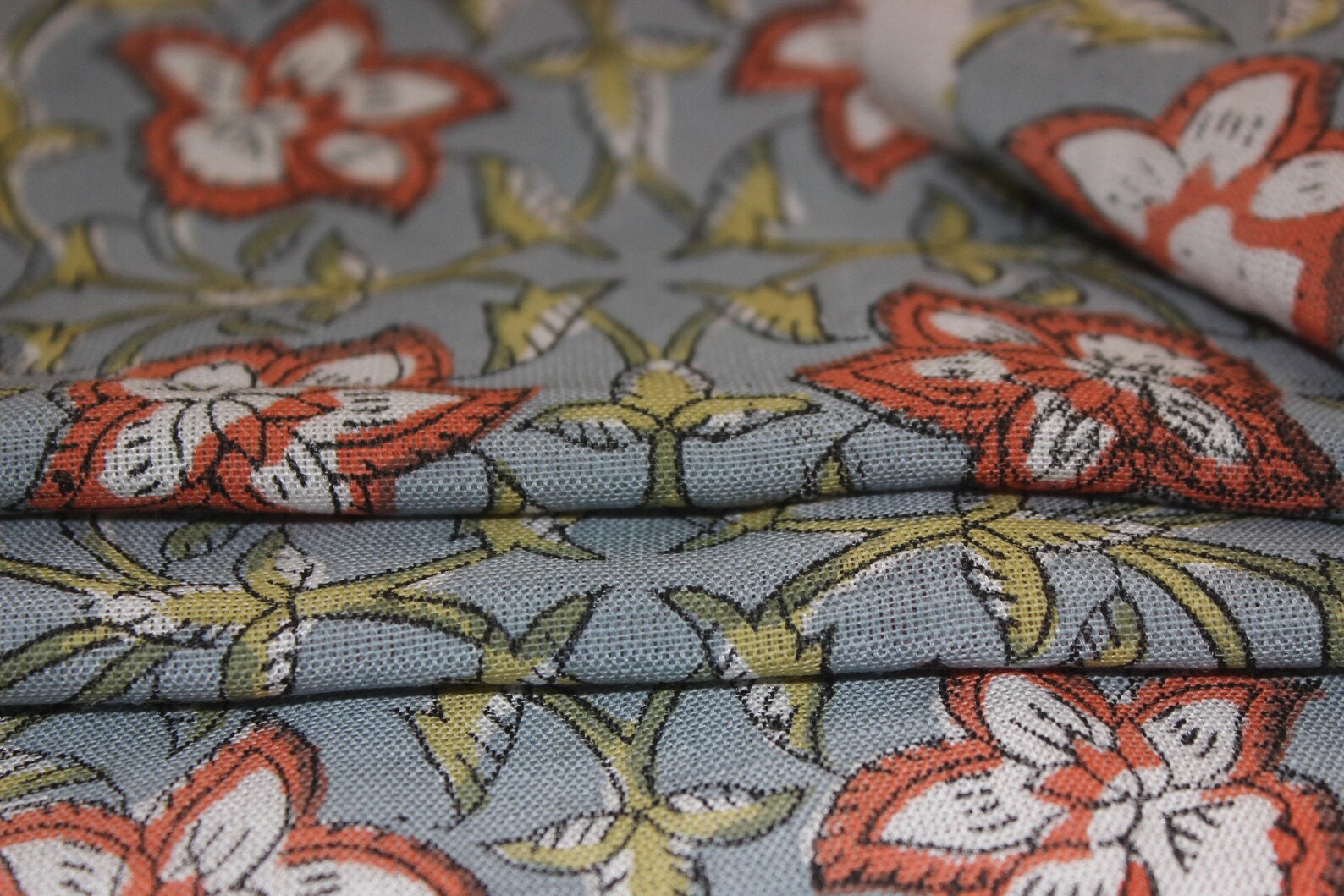 Hand Block Printed Boho Brown & Gray Floral Pure Linen Fabric for Cushions & Sofa Covers - Chudamani