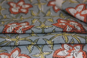 Hand Block Printed Boho Brown & Gray Floral Pure Linen Fabric for Cushions & Sofa Covers - Chudamani