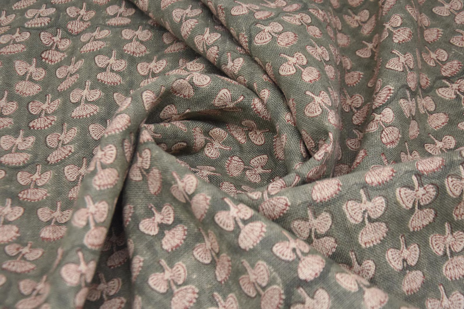 Boho Granite Gray & Beige Floral Handblock Printed Thick Linen Throw Fabric for Cushion - DAMARU