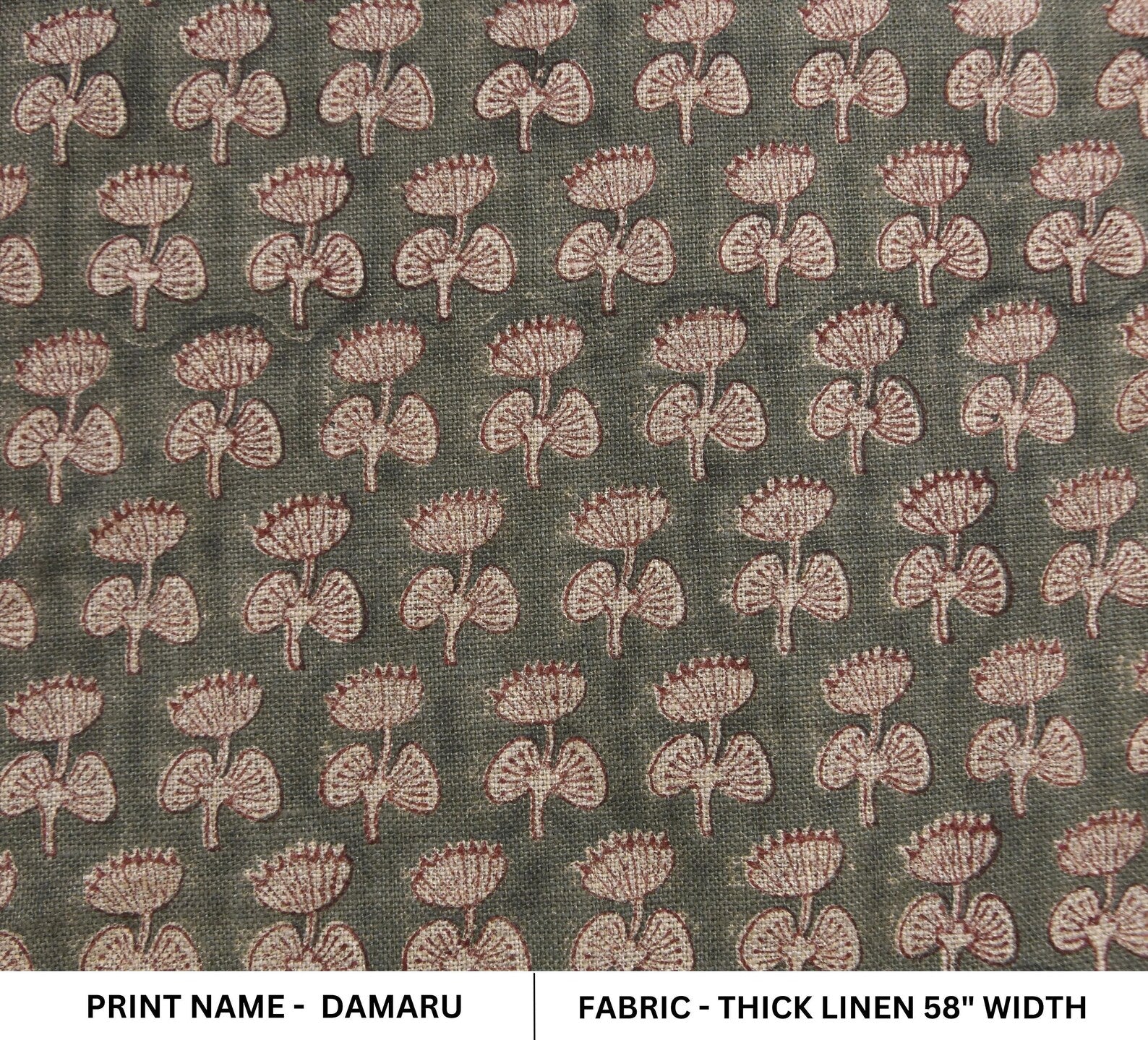 Boho Granite Gray & Beige Floral Handblock Printed Thick Linen Throw Fabric for Cushion - DAMARU