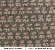 Boho Granite Gray & Beige Floral Handblock Printed Thick Linen Throw Fabric for Cushion - DAMARU
