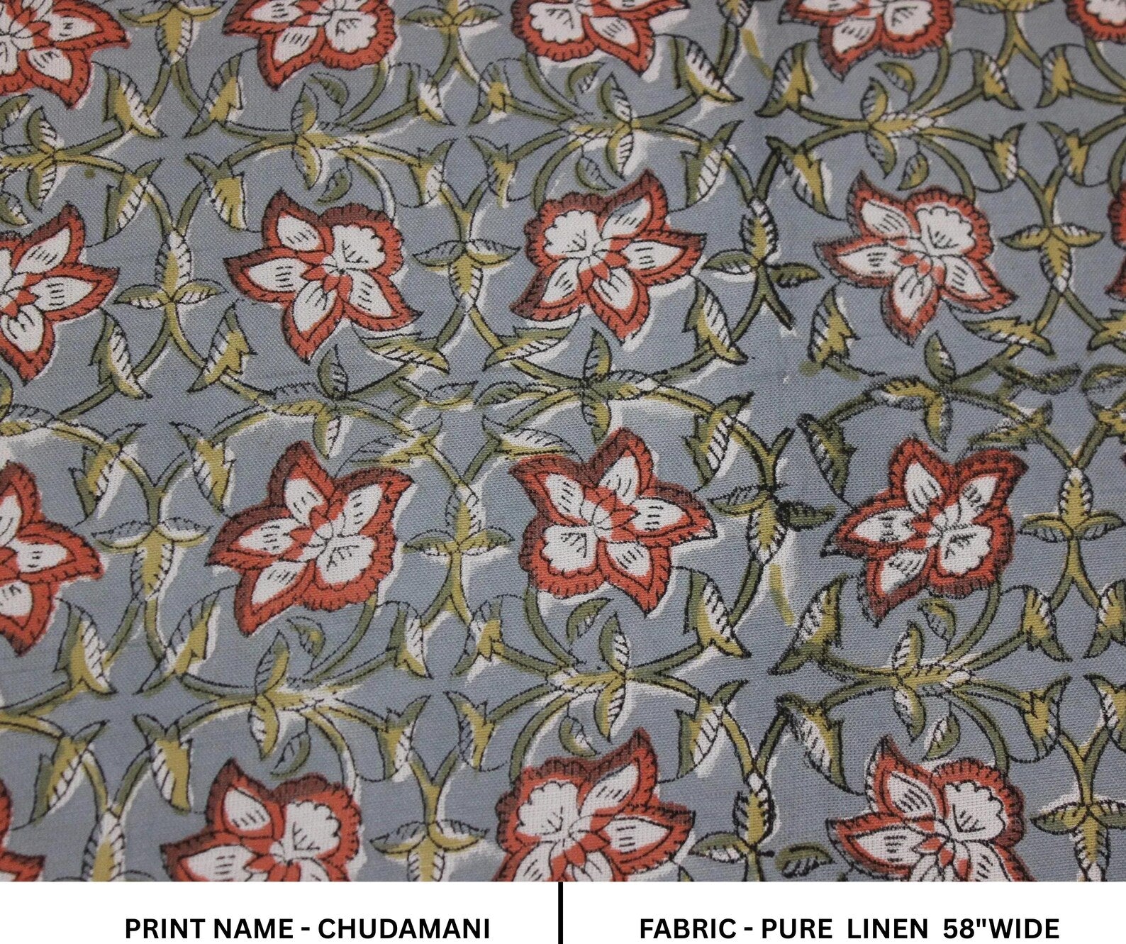 Hand Block Printed Boho Brown & Gray Floral Pure Linen Fabric for Cushions & Sofa Covers - Chudamani
