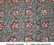 Hand Block Printed Boho Brown & Gray Floral Pure Linen Fabric for Cushions & Sofa Covers - Chudamani
