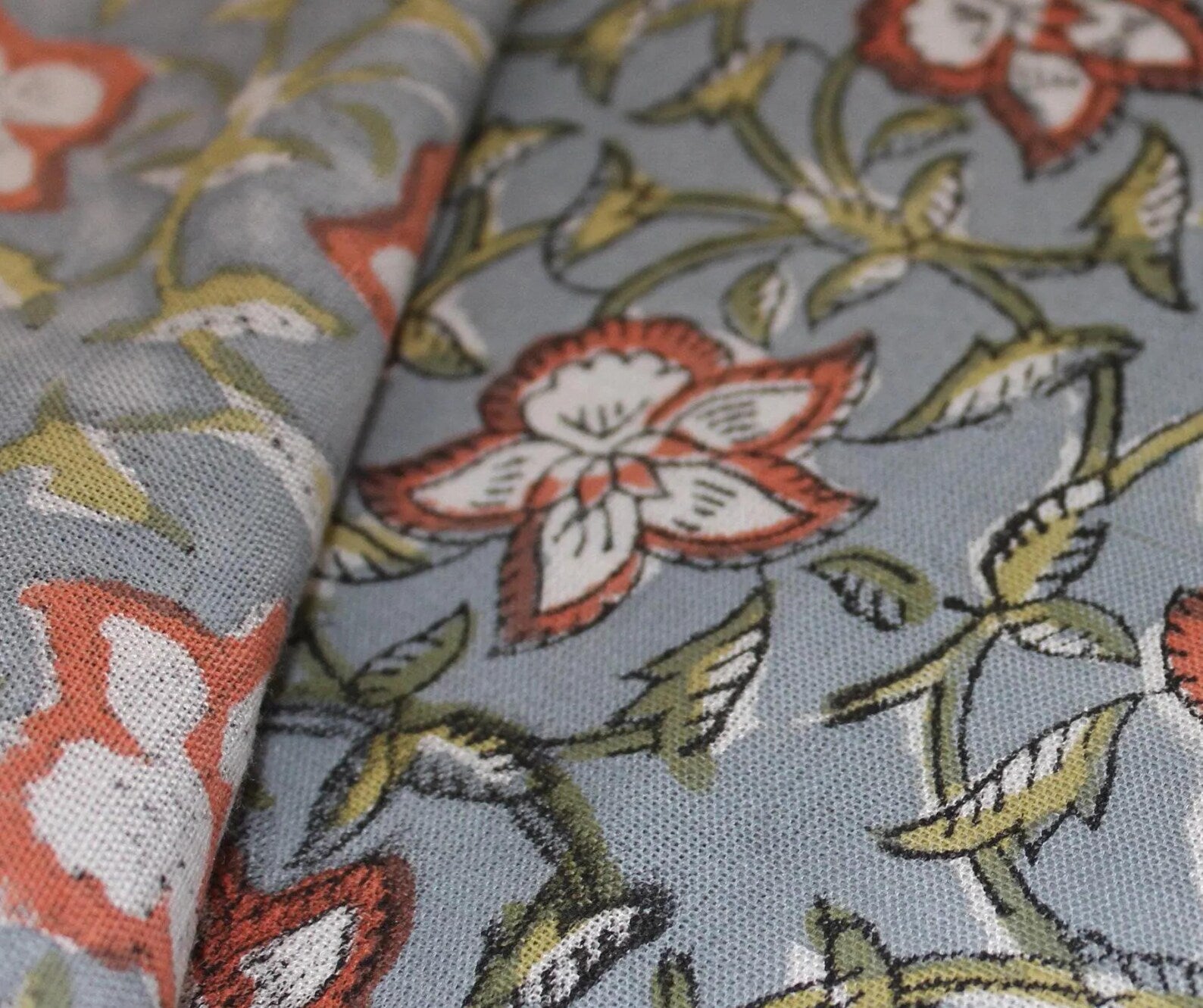 Hand Block Printed Boho Brown & Gray Floral Pure Linen Fabric for Cushions & Sofa Covers - Chudamani