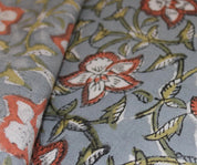 Hand Block Printed Boho Brown & Gray Floral Pure Linen Fabric for Cushions & Sofa Covers - Chudamani