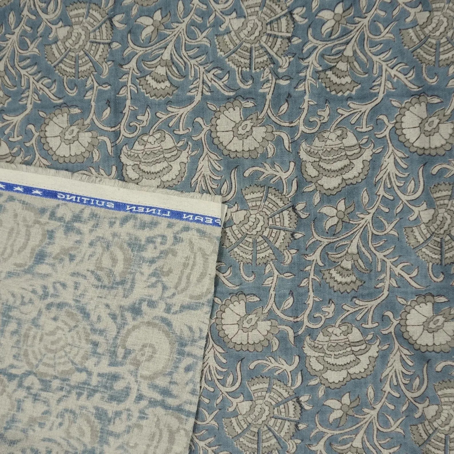 Handmade Pushp Lata Blue Floral Block Print Pure Linen Fabric