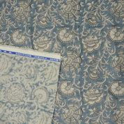 Handmade Pushp Lata Blue Floral Block Print Pure Linen Fabric
