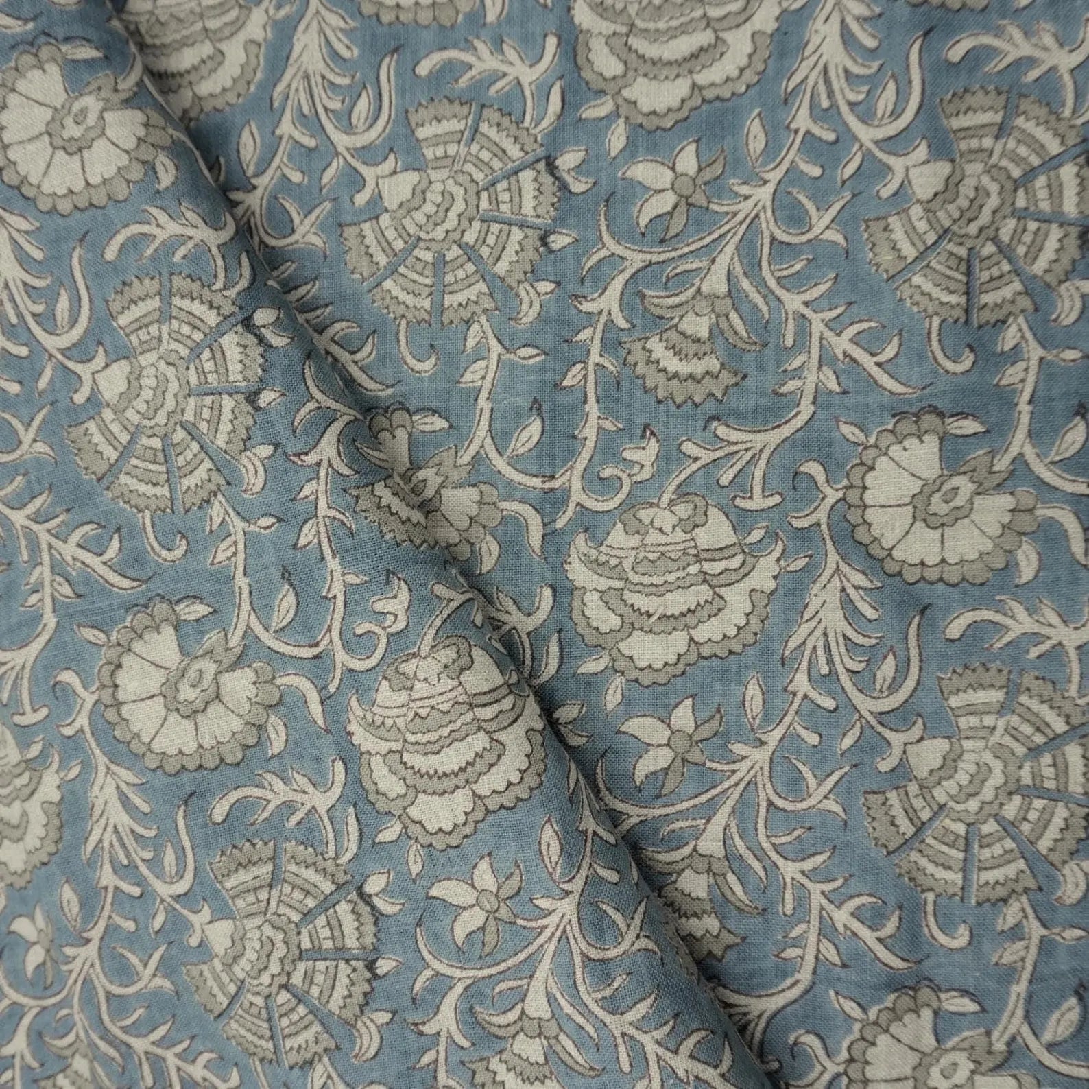 Handmade Pushp Lata Blue Floral Block Print Pure Linen Fabric