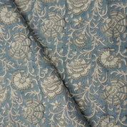 Handmade Pushp Lata Blue Floral Block Print Pure Linen Fabric