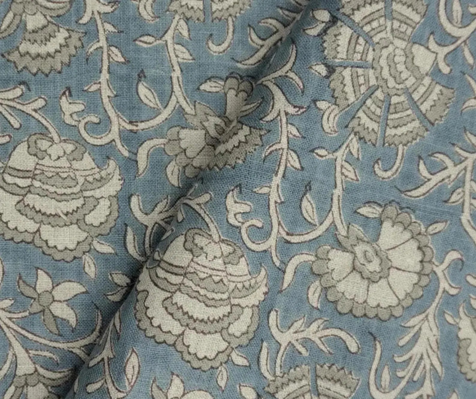 Handmade Pushp Lata Blue Floral Block Print Pure Linen Fabric