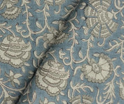 Handmade Pushp Lata Blue Floral Block Print Pure Linen Fabric