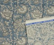 Handmade Pushp Lata Blue Floral Block Print Pure Linen Fabric