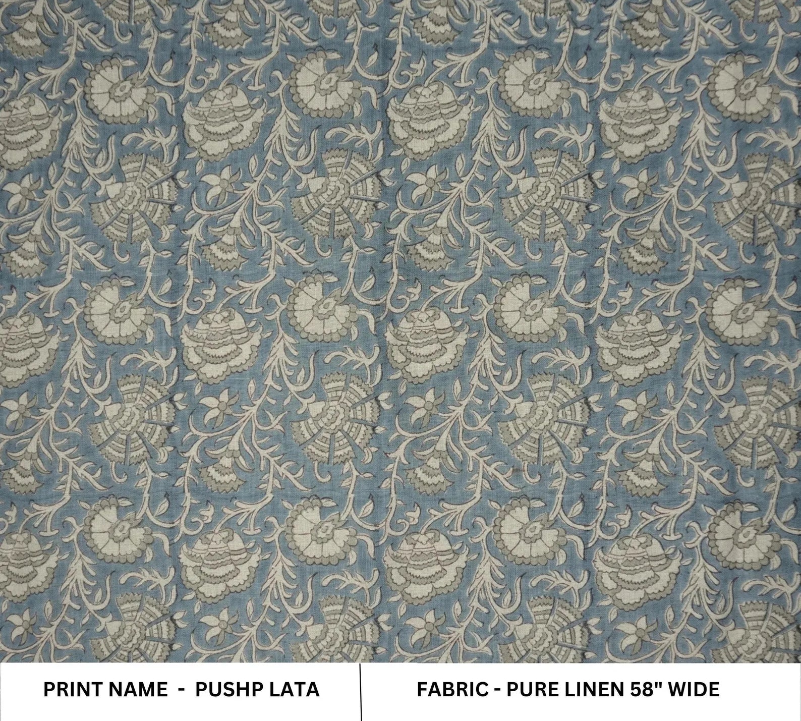 Handmade Pushp Lata Blue Floral Block Print Pure Linen Fabric
