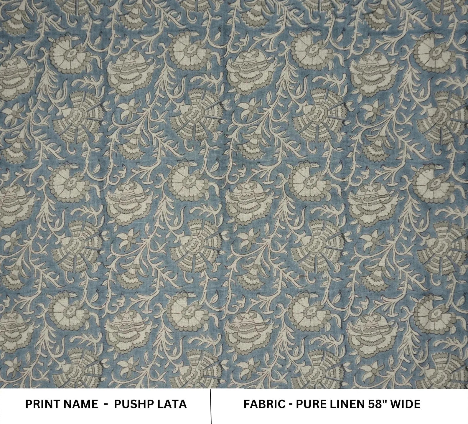 Handmade Pushp Lata Blue Floral Block Print Pure Linen Fabric