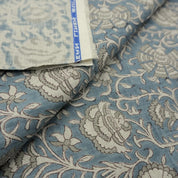 Handmade Pushp Lata Blue Floral Block Print Pure Linen Fabric