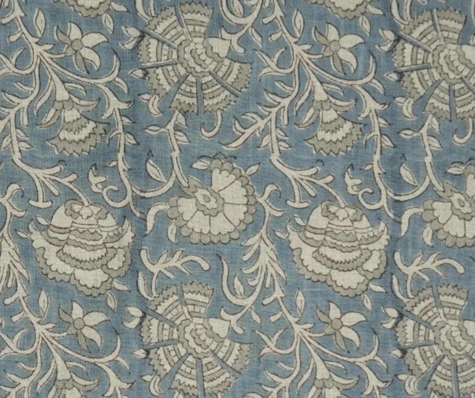 Handmade Pushp Lata Blue Floral Block Print Pure Linen Fabric