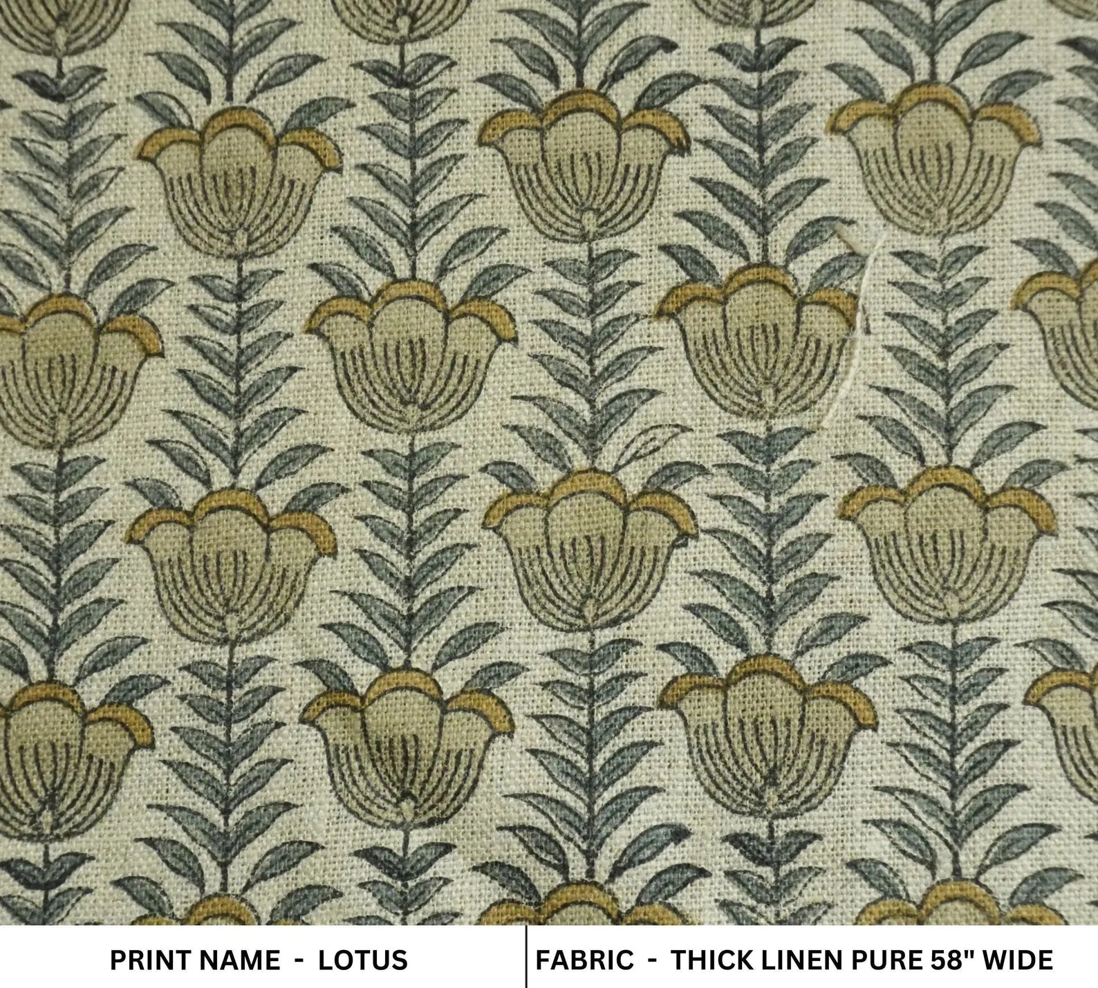 Lotus Mustard Hand Block Print Thick Pure Linen Fabric