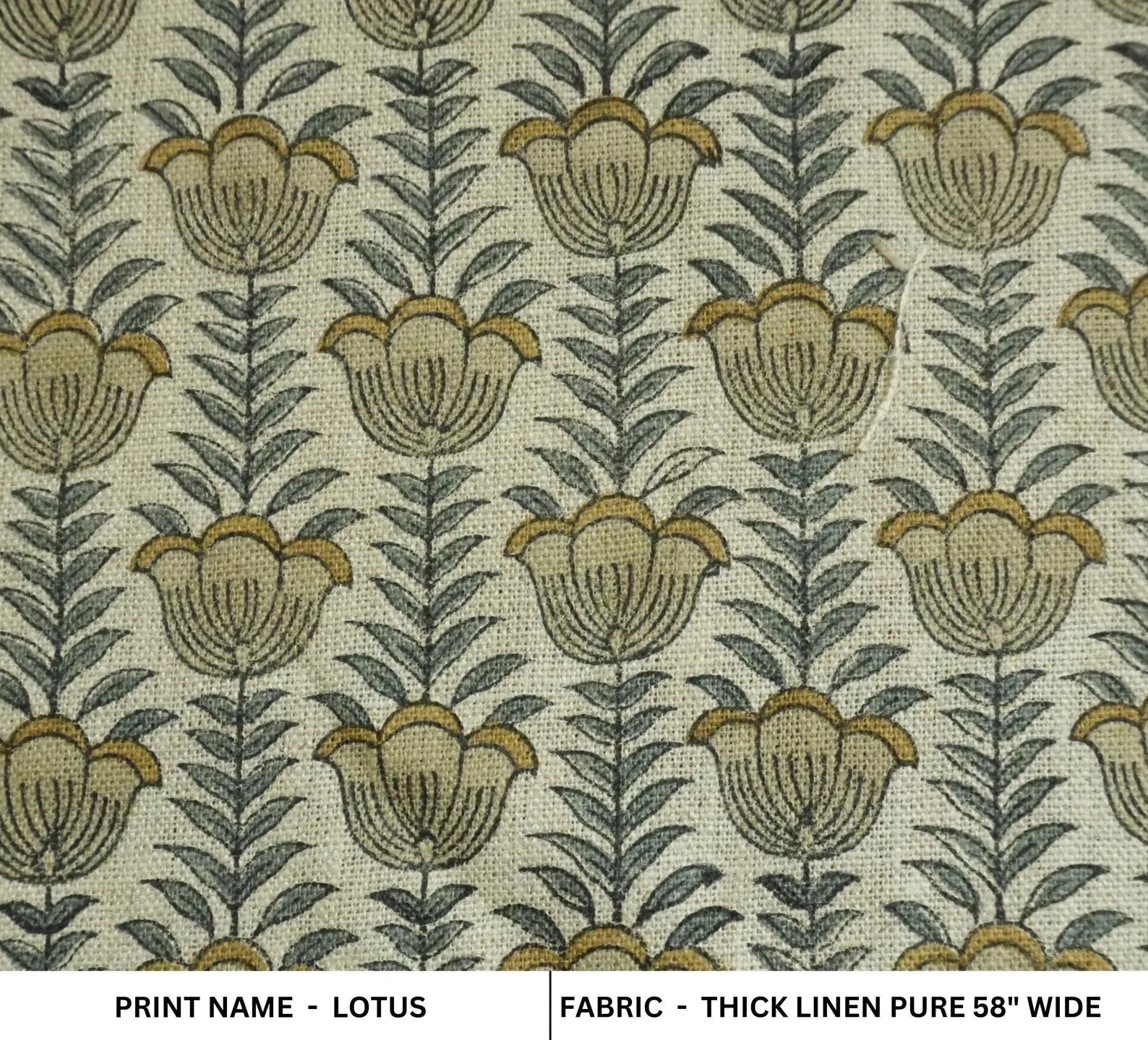 Lotus Mustard Hand Block Print Thick Pure Linen Fabric