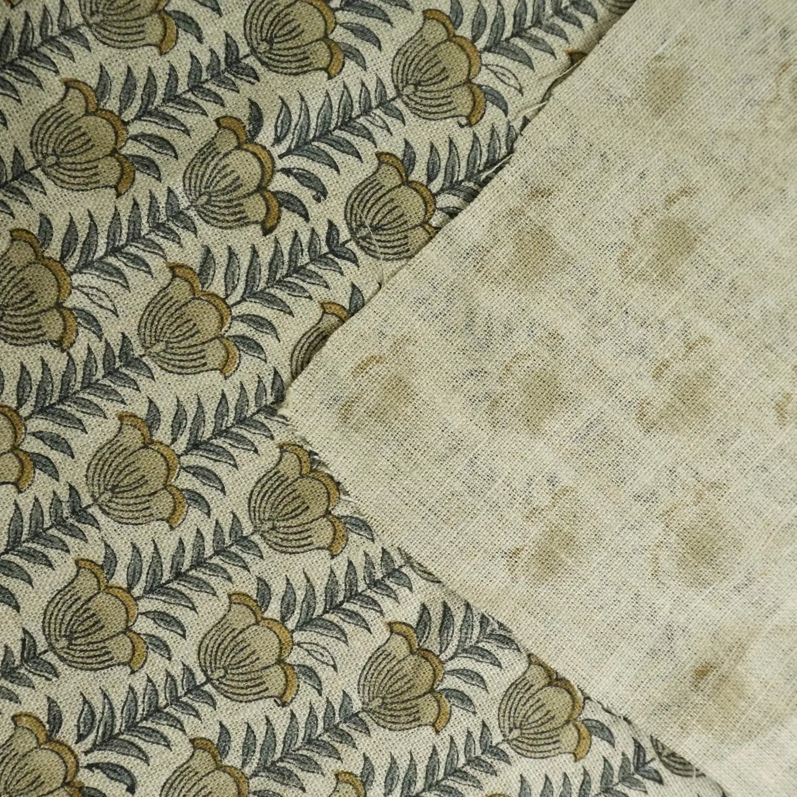 Lotus Mustard Hand Block Print Thick Pure Linen Fabric