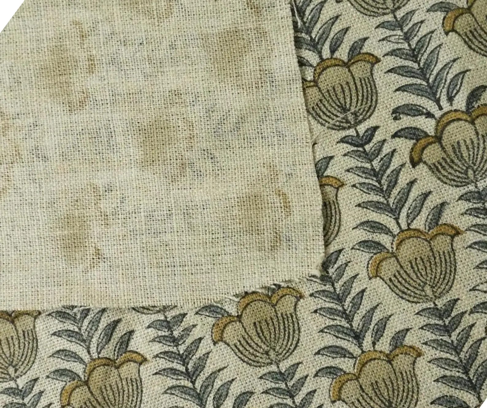 Lotus Mustard Hand Block Print Thick Pure Linen Fabric