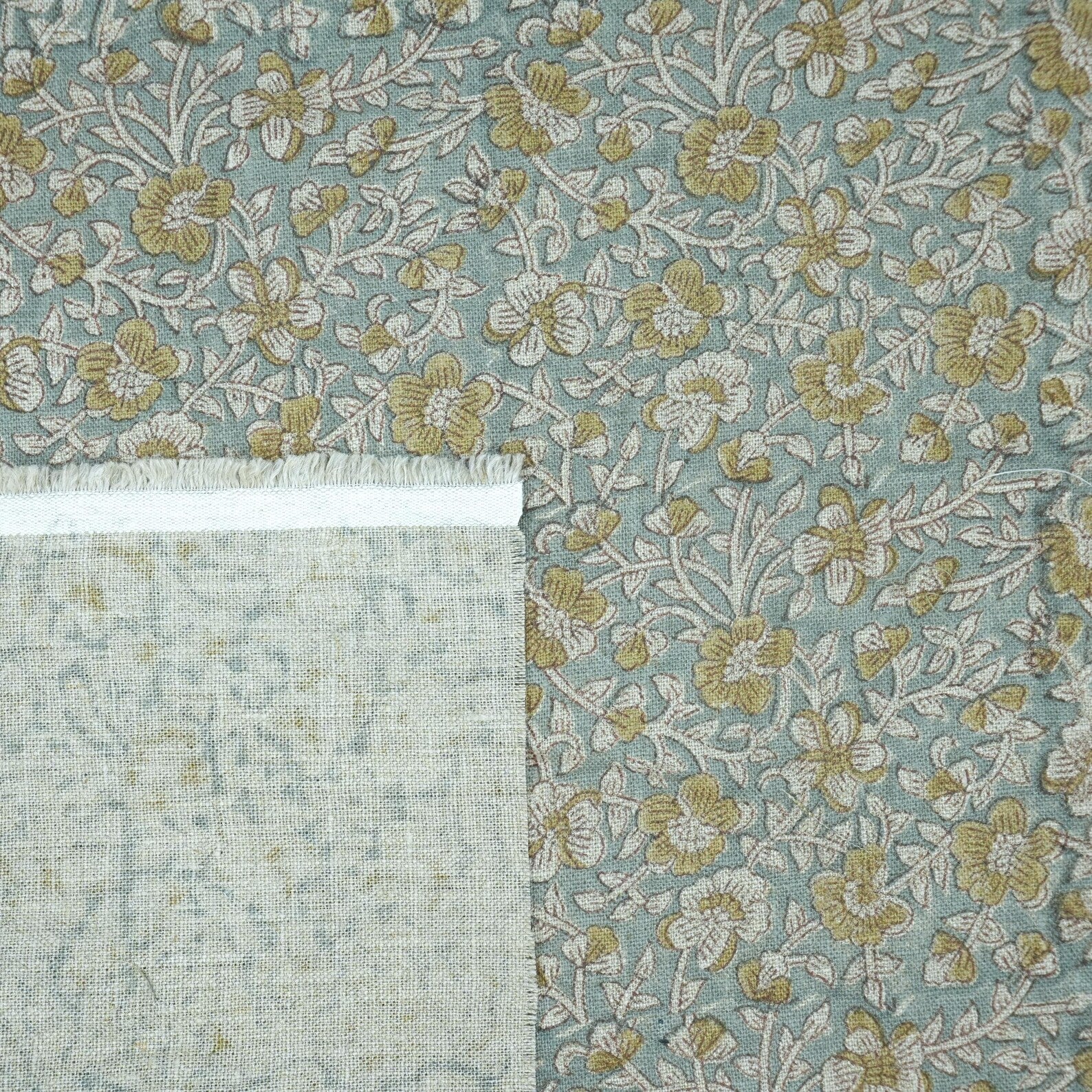 Indian Printed Blue Floral Linen Farmhouse Fabric - Saundarya