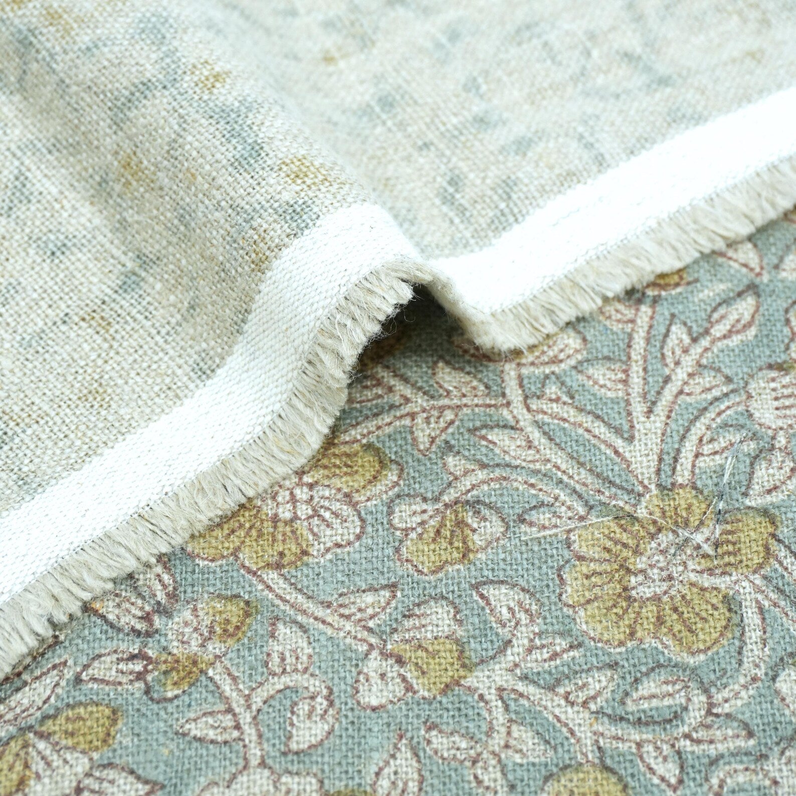 Indian Printed Blue Floral Linen Farmhouse Fabric - Saundarya