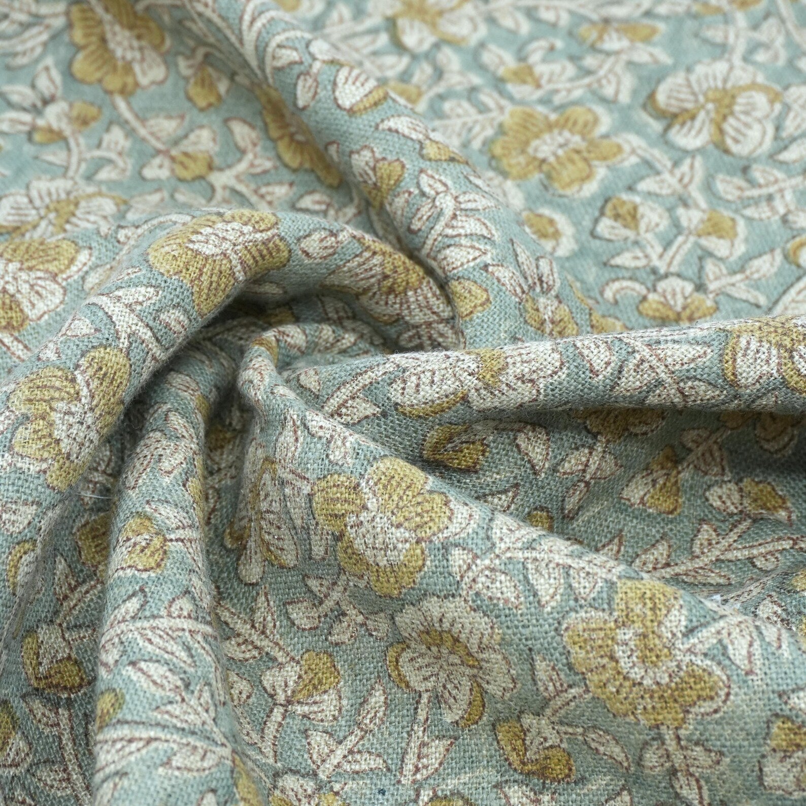 Indian Printed Blue Floral Linen Farmhouse Fabric - Saundarya