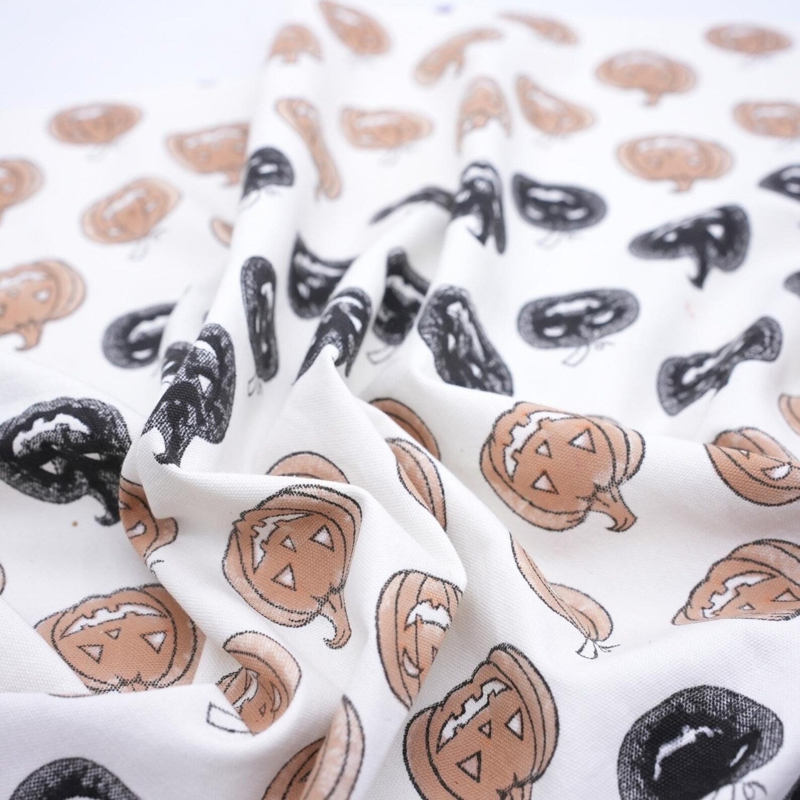 Block Print Thick Cotton White Halloween Pumpkin Fabric