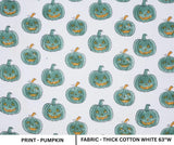 Block Print Pumpkin Halloween Teal Green Print Fabric