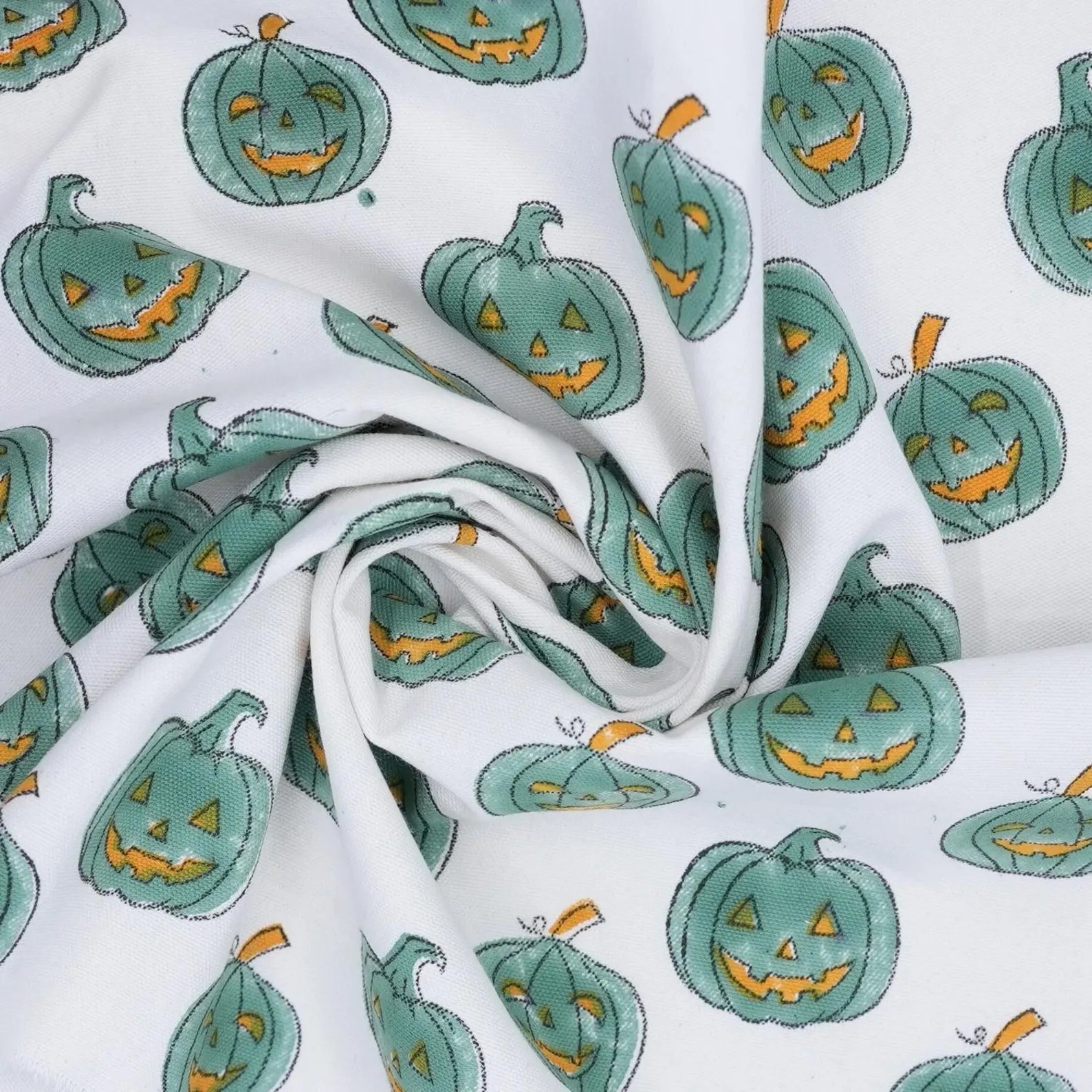 Pumpkin Teal Print Thick Cotton Fabric – Halloween Collection