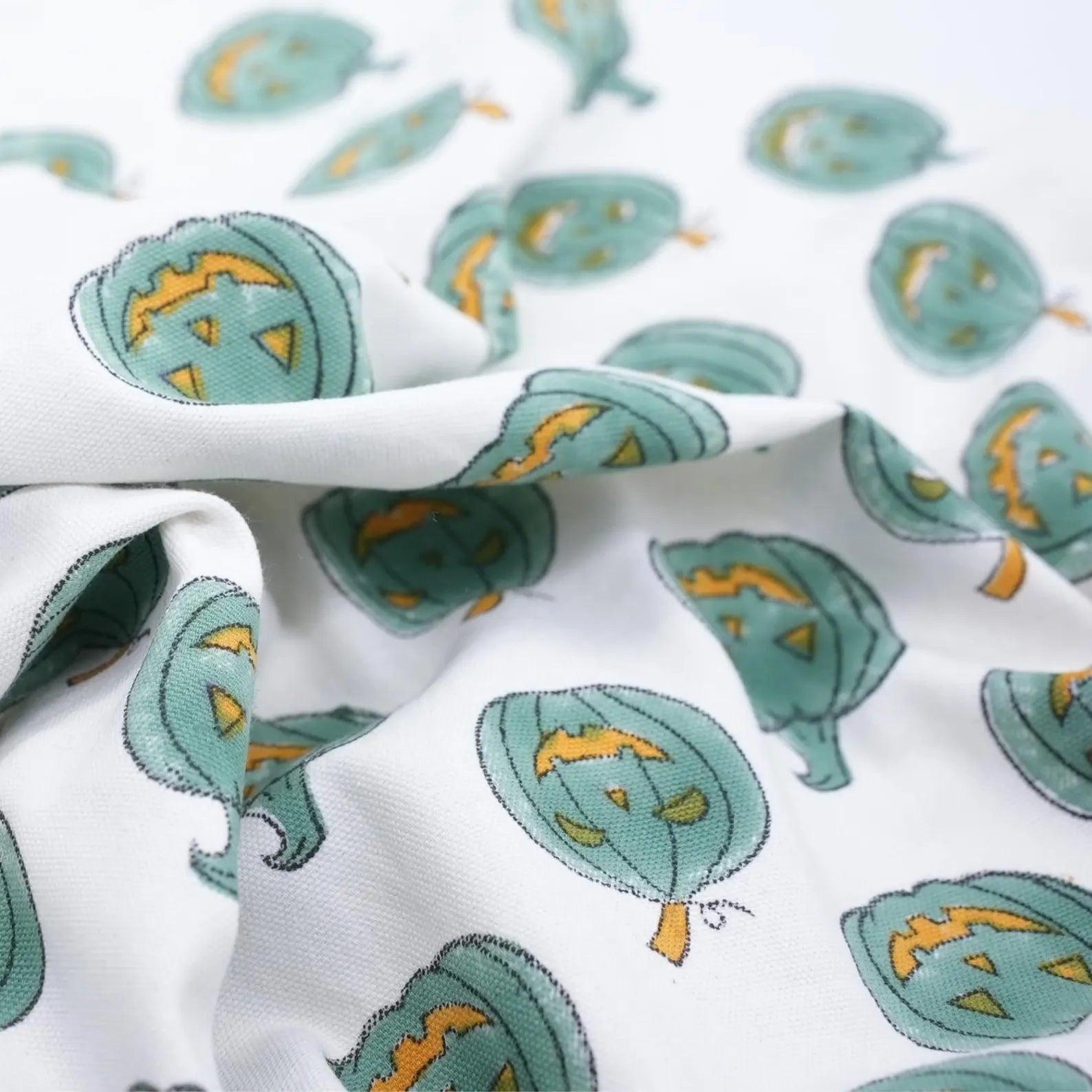 Pumpkin Teal Print Thick Cotton Fabric – Halloween Collection
