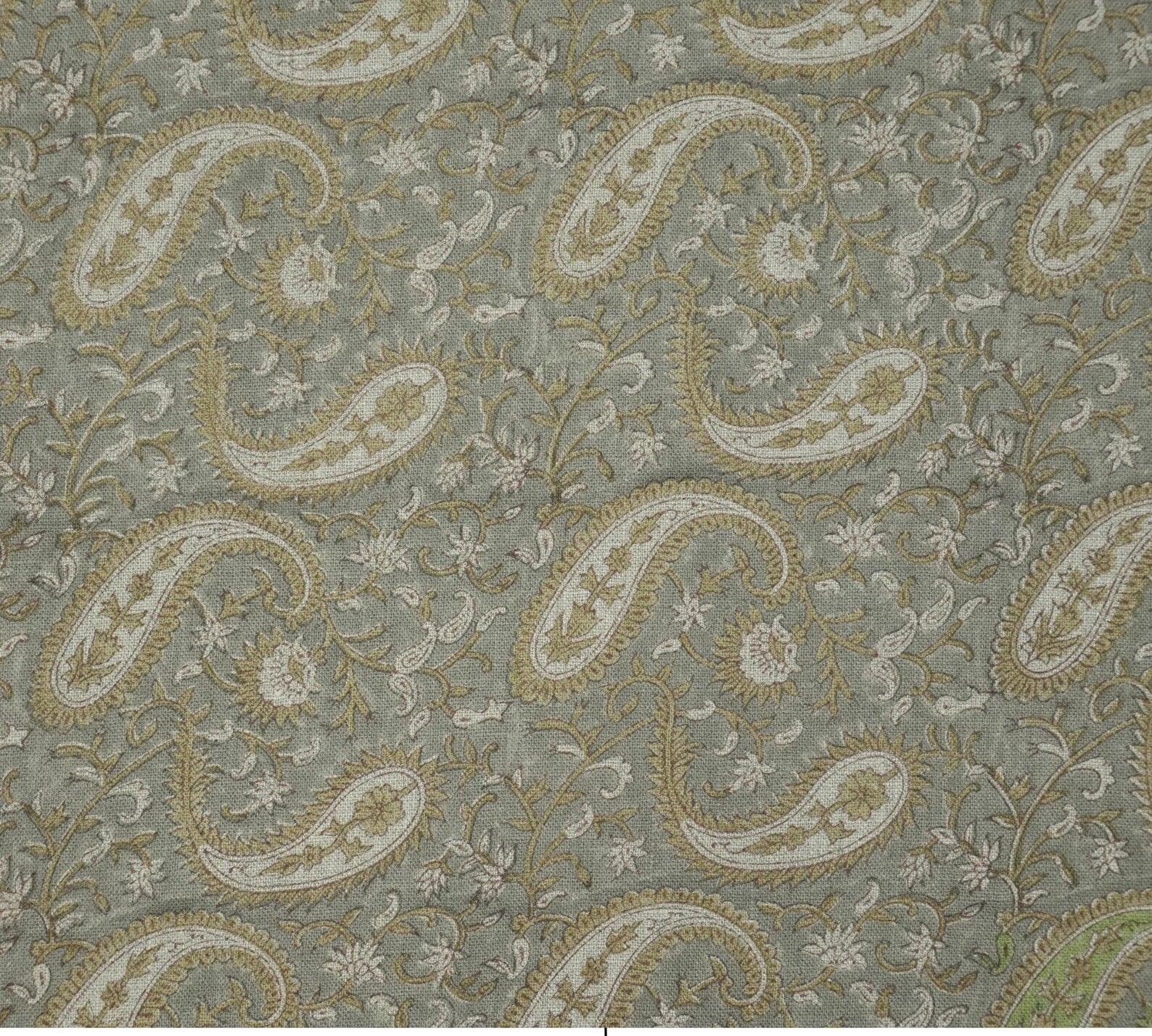 Handmade Sage Grey Floral Ethnic Paisley Linen Fabric - Kiara