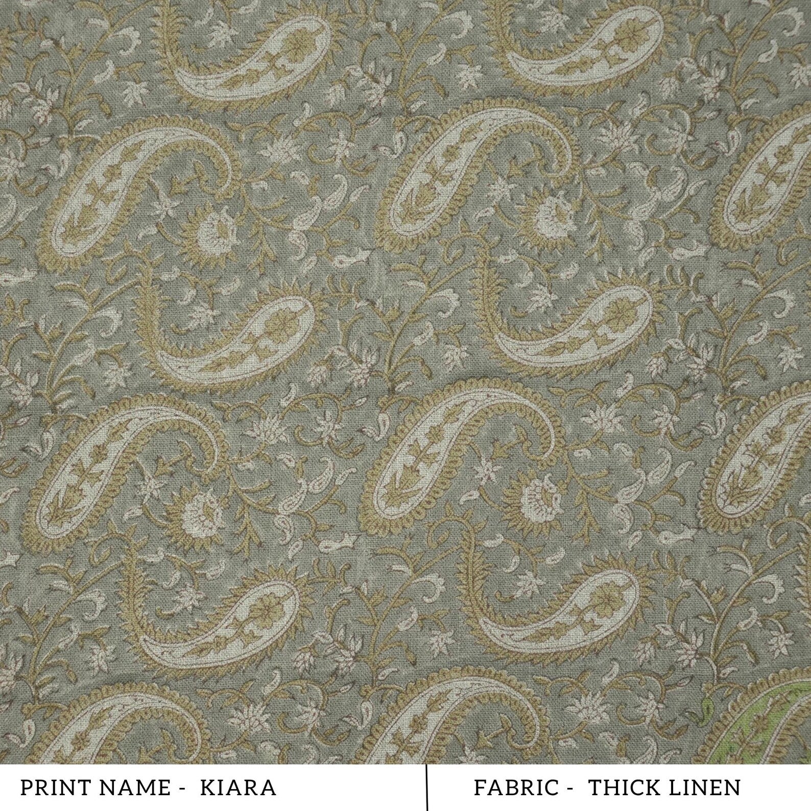 Handmade Sage Grey Floral Ethnic Paisley Linen Fabric - Kiara