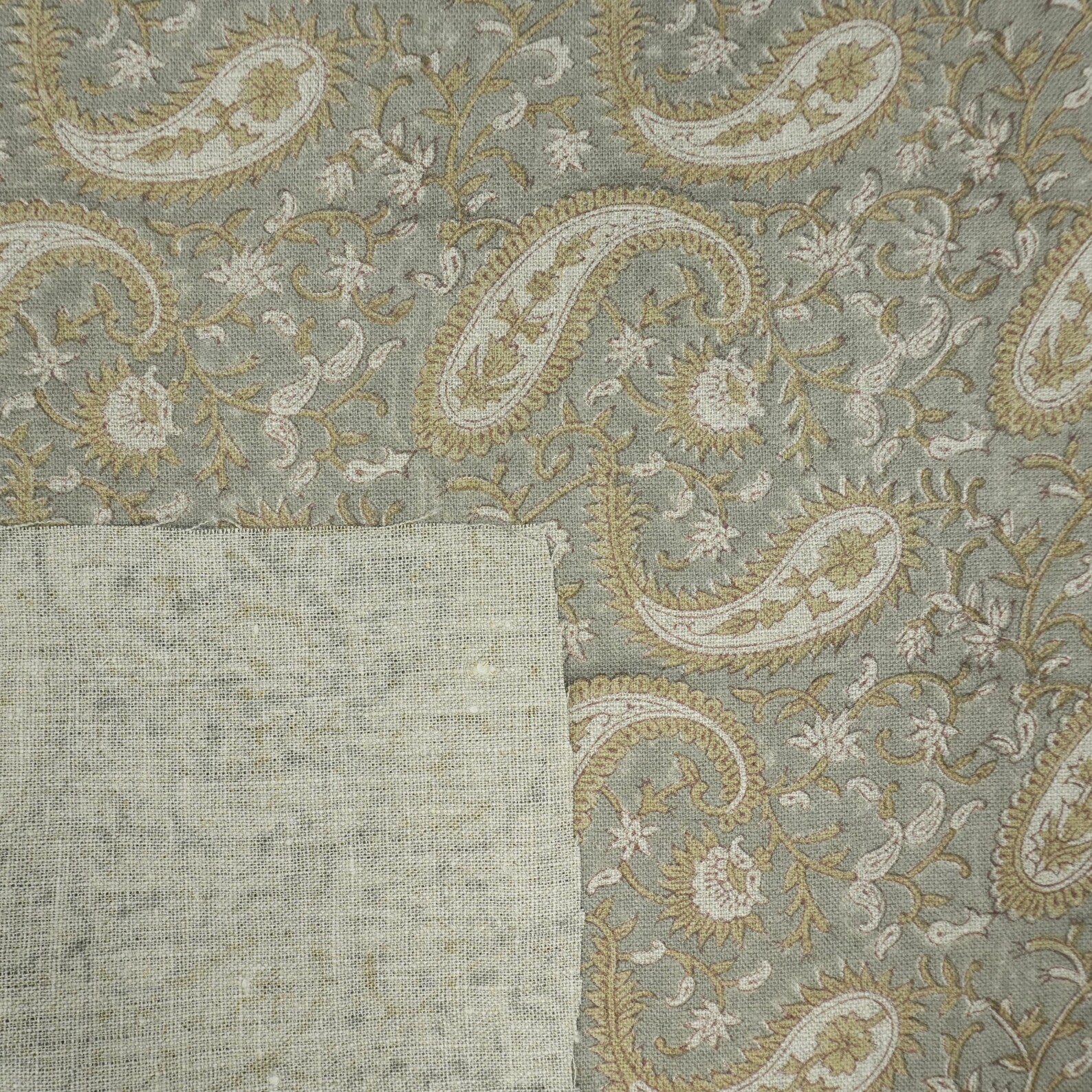Handmade Sage Grey Floral Ethnic Paisley Linen Fabric - Kiara