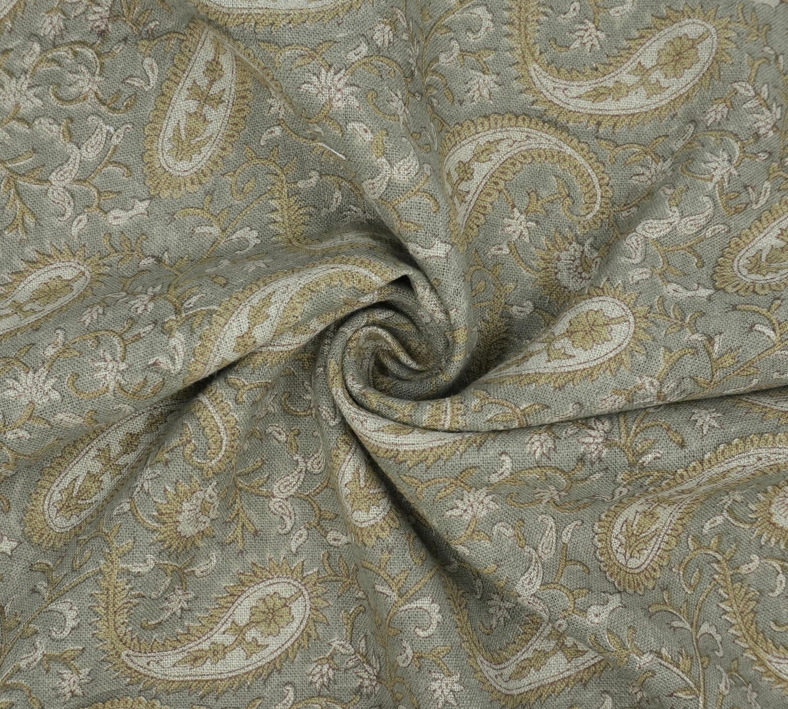 Handmade Sage Grey Floral Ethnic Paisley Linen Fabric - Kiara