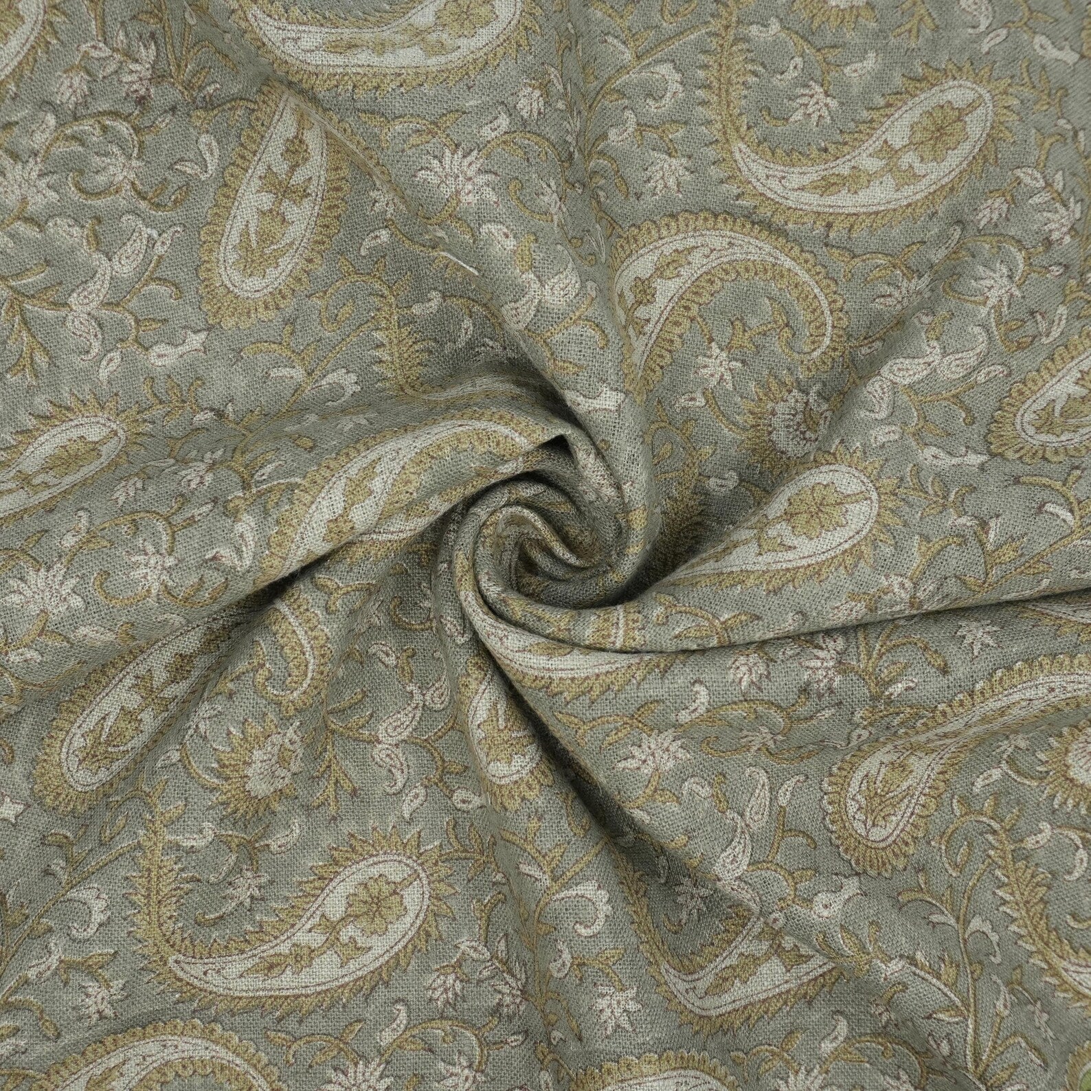 Handmade Sage Grey Floral Ethnic Paisley Linen Fabric - Kiara