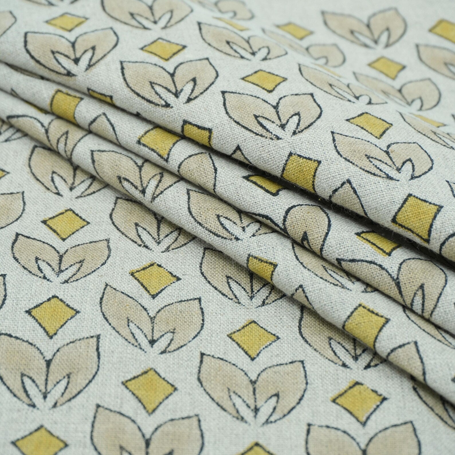 Mustard Titlee Block Print Pure Linen Farmhouse Decor Fabric