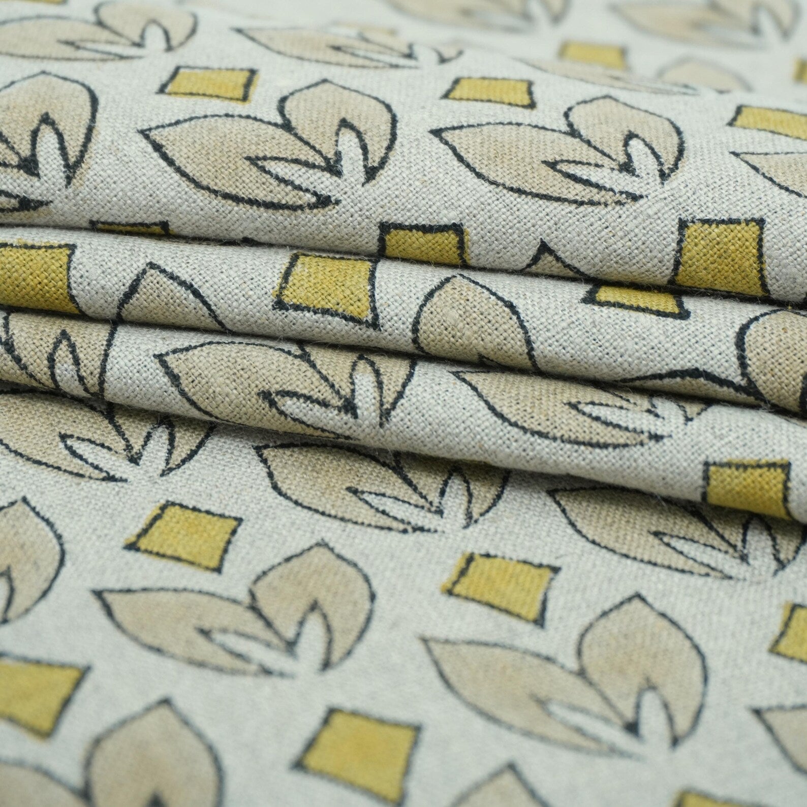 Mustard Titlee Block Print Pure Linen Farmhouse Decor Fabric