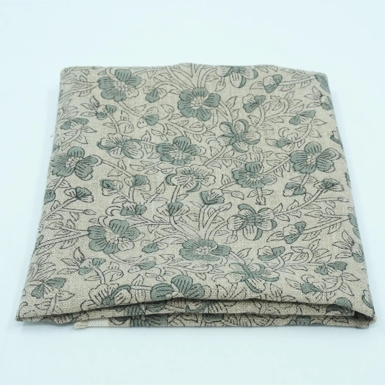 Indian Block Print Sage Green Floral Linen Fabric - Saundarya