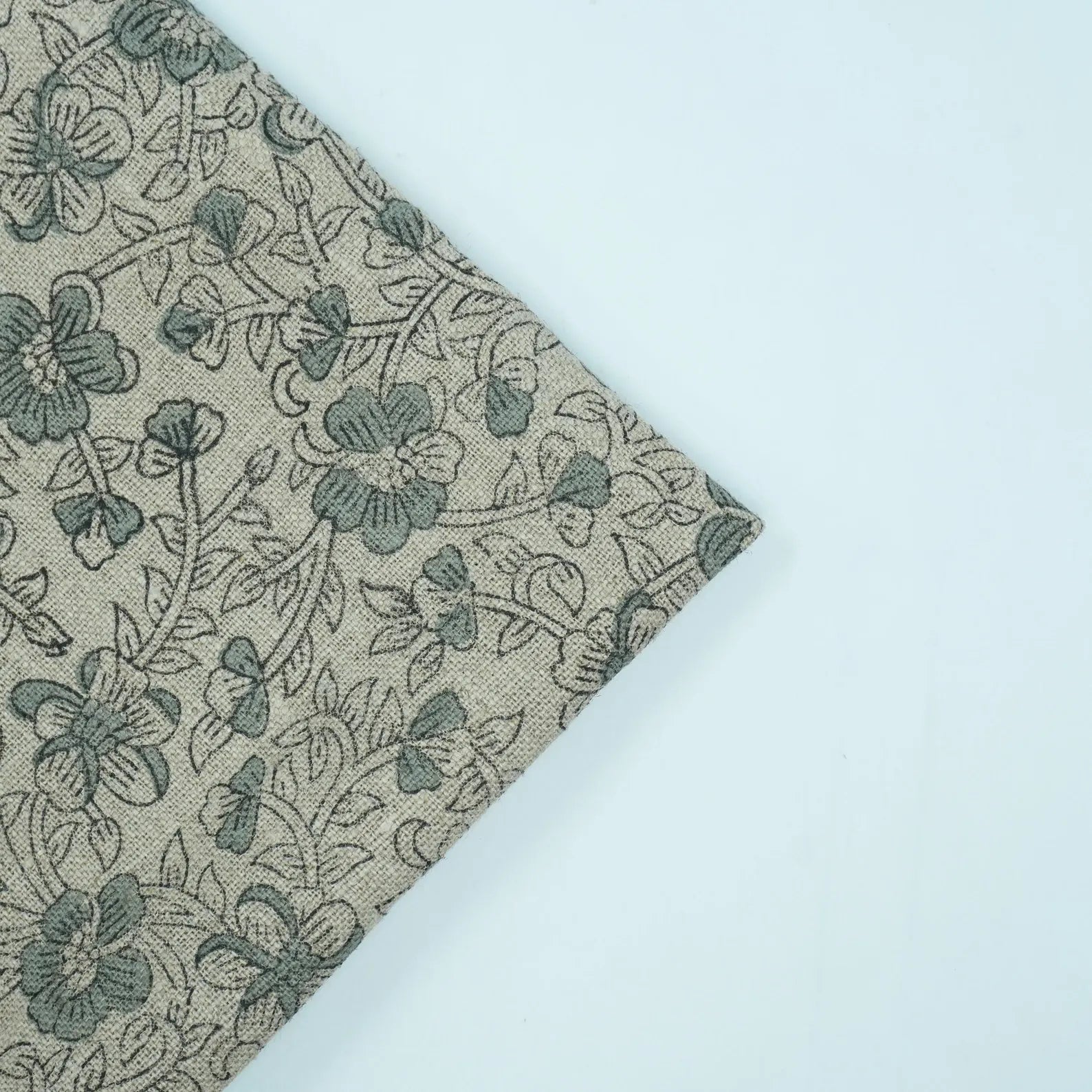 Indian Block Print Sage Green Floral Linen Fabric - Saundarya