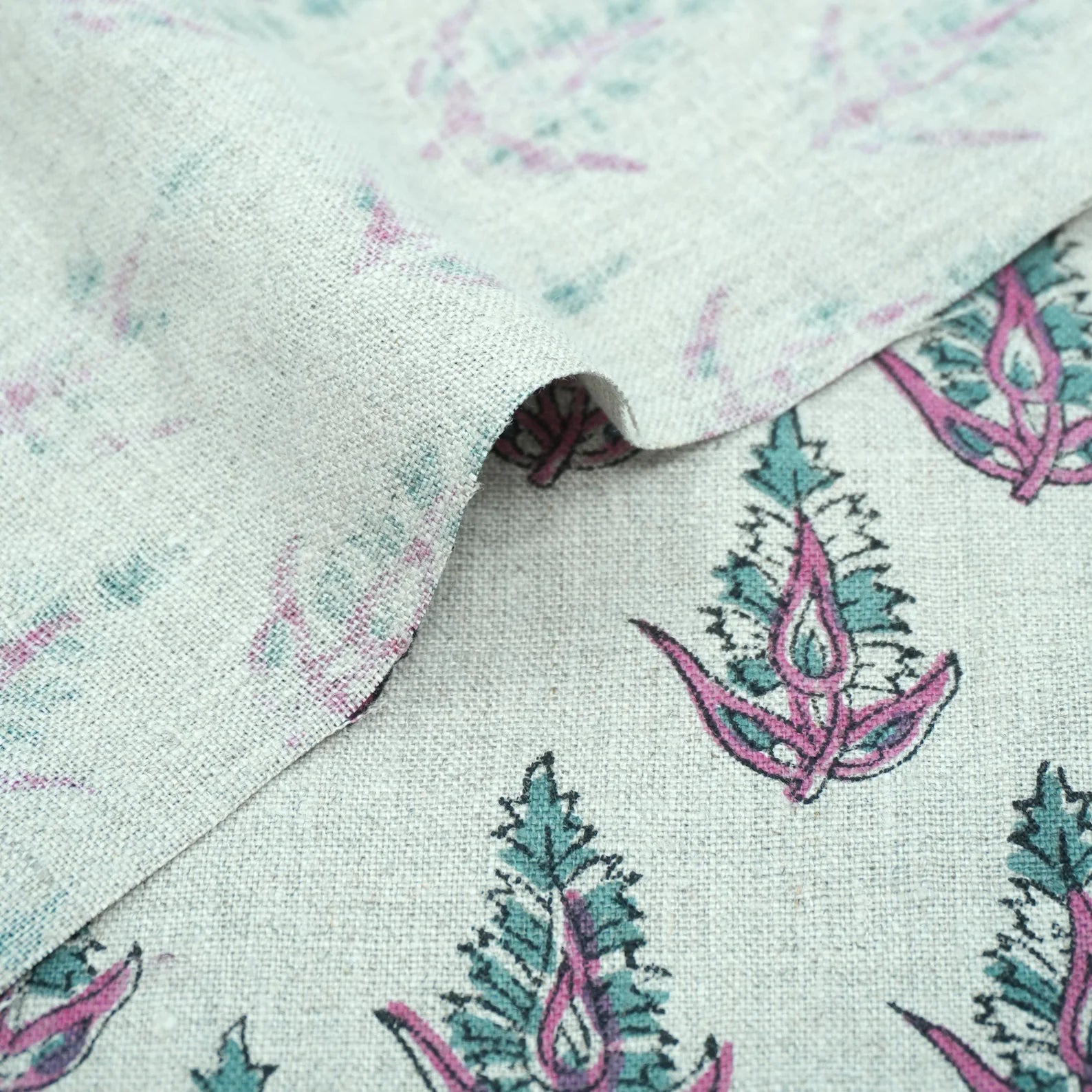 Hand Block Print Pure Linen Boho Decor Fabric - Kanak Buti