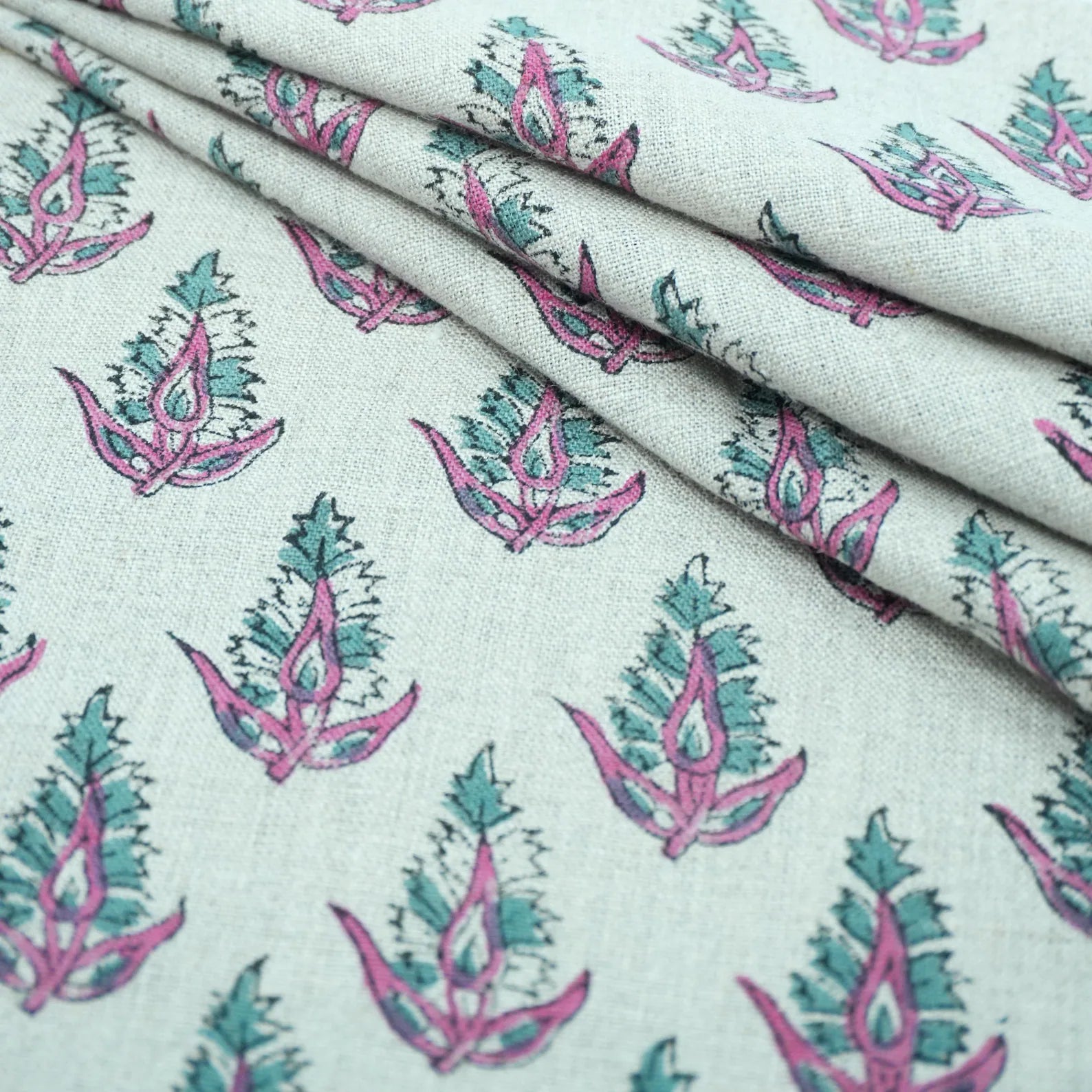 Hand Block Print Pure Linen Boho Decor Fabric - Kanak Buti